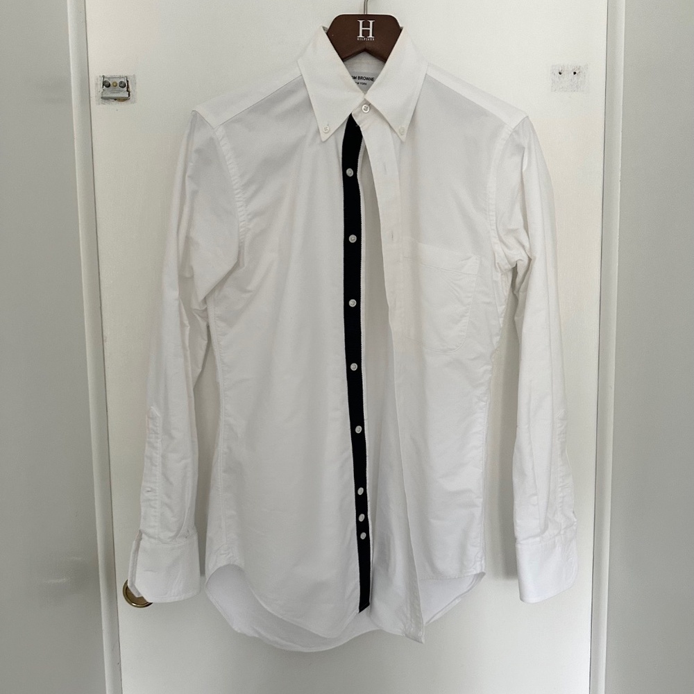 Thom Browne Men's Locker Loop Oxford Shirt w/blue grosgrain placket size 2 M